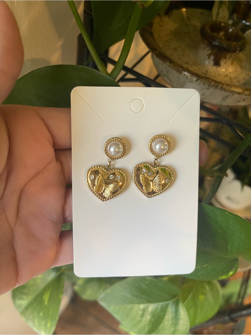 Gold Heart Drop Earrings with Pearl Top and Butterfly Detail